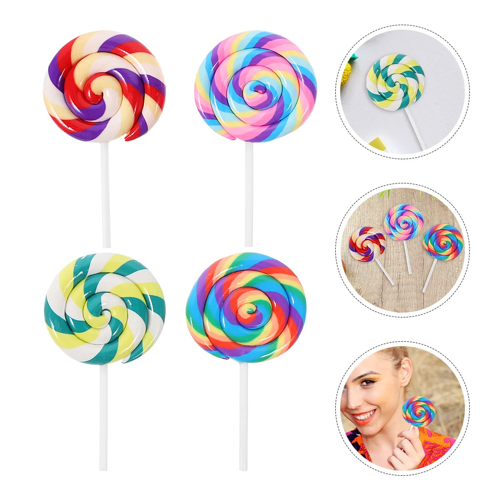 

4pcs Realistic Simulation Lollipop Fake Candy Photo Props For Party Decor Clay Lollipop Decoration Pretend Play Bright