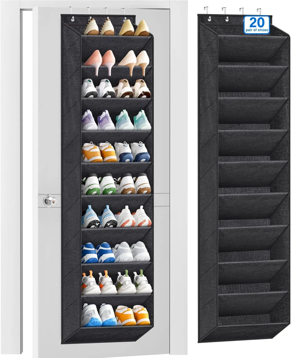 

10-ярусный органайзер для обуви на дверь с большими карманами, вмещает 20 пар кроссовок и ботинок, черный