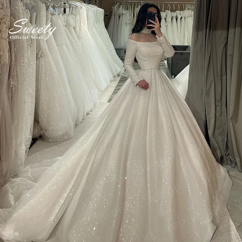 

High-Neck Wedding Dress Organza With Embroidery Sequins Ball Gown Full Sleeve Prom Dress Back Button Vestido De Novia Customized