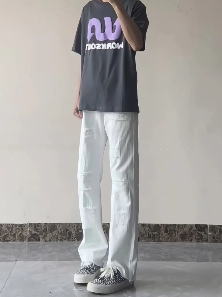 

White Faux-Ripped Straight Leg Men's Jeans American Retro High Street Summer Casual Trousers Trendy Straight Footwear