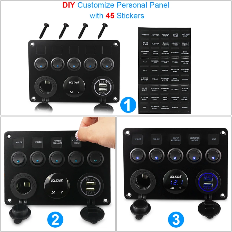 Panel de interruptor de 5 entradas para barco, circuito Led impermeable con voltímetro, Cargador Usb Dual, 12v y 24v