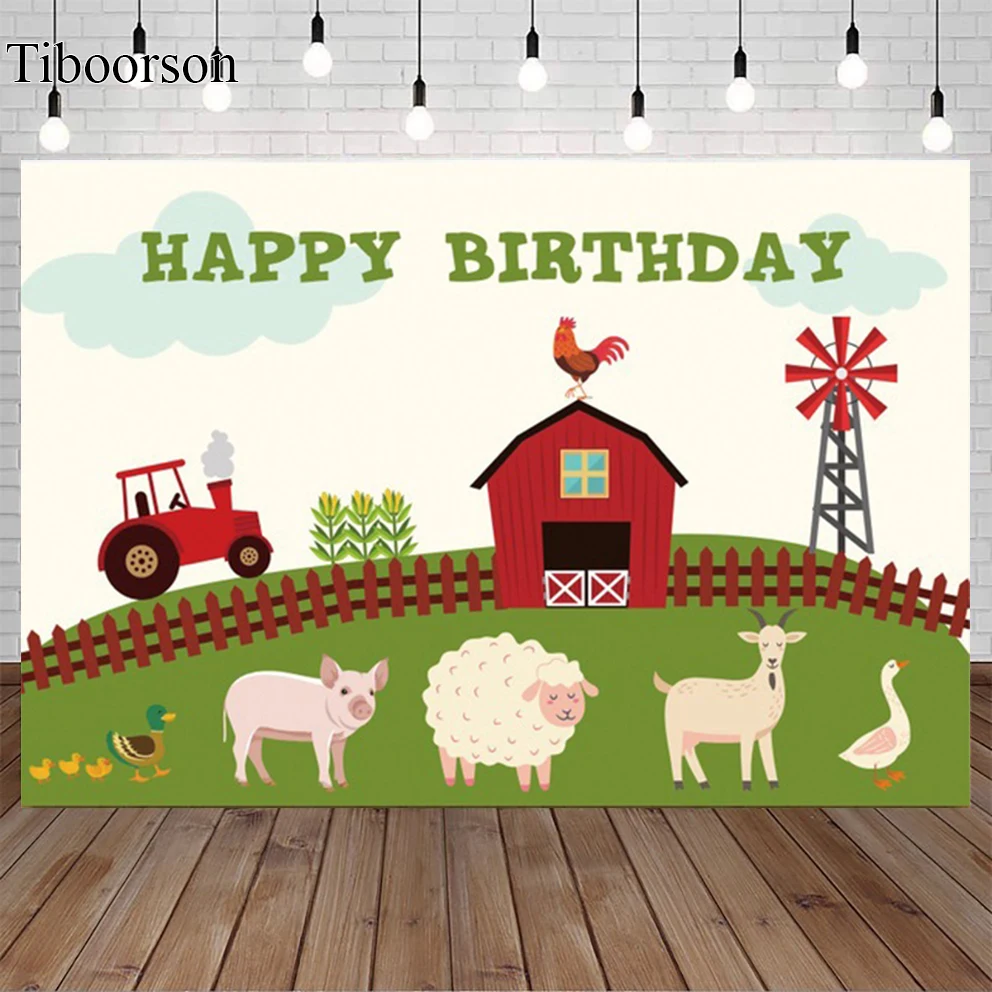 

Farm Animals Photography Backdrop Happy Children's Birthday Party Cartoon Background Photo Red Truck Barn Rural Table Decoration