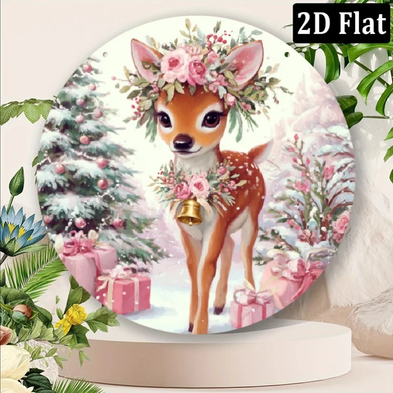 Rustic Christmas Deer Snowflake Metal Wall Art - 2D Flat Reindeer Holiday Wreath Sign, Indoor Outdoor Farmhouse Decor, Garden &
