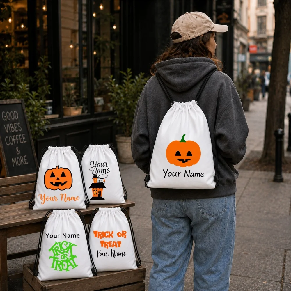 5 Pack Personalized Mixed Trick Or Treat Pumpkin Haunted House Drawstring Backpack Set Custom Name Kids Halloween Candy Bags