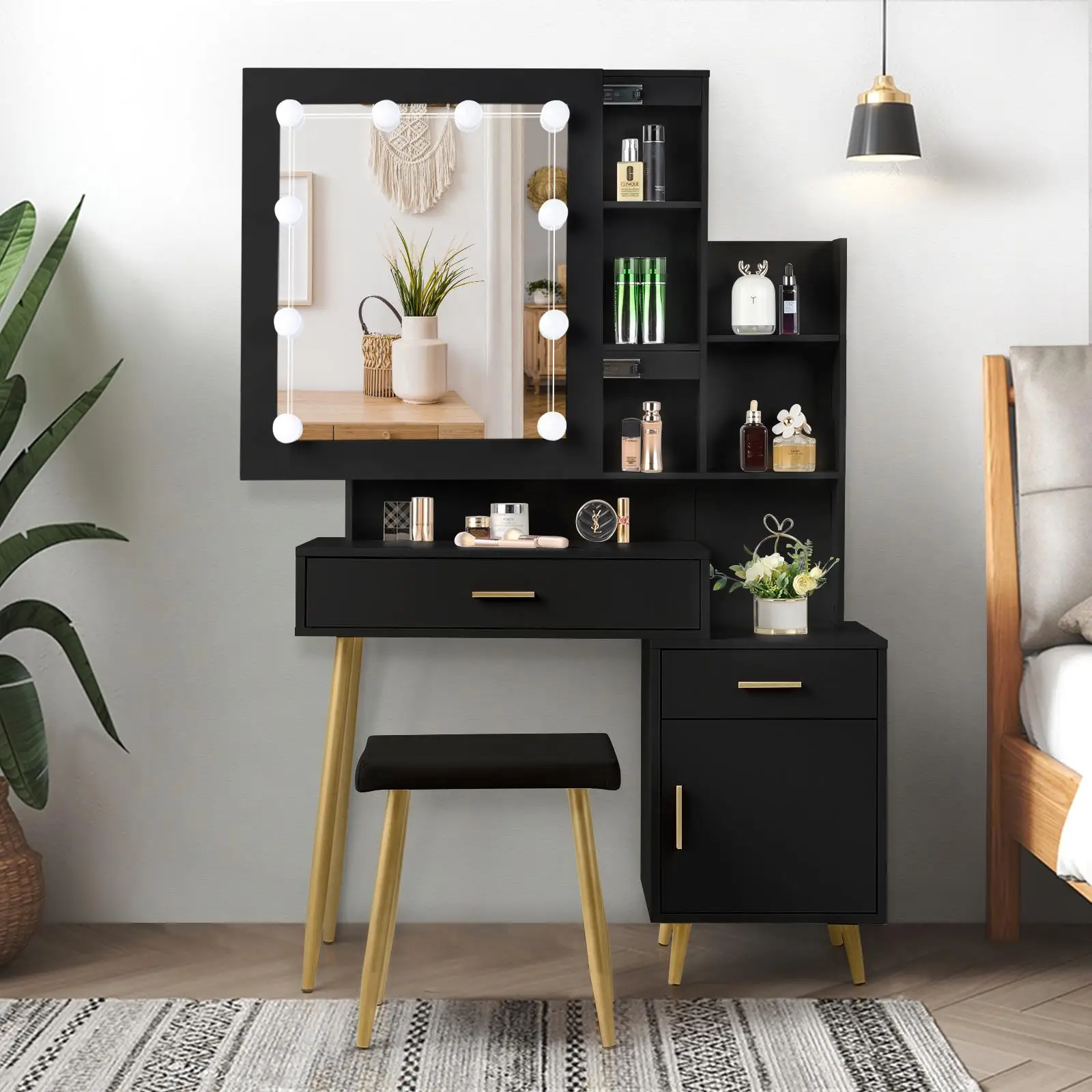 Black Dressing Table Set with Mirror Cabinet, 2 Drawers, 1 Door, 2 Shelves & 3 Light Bulbs - Triamine Veneer Design