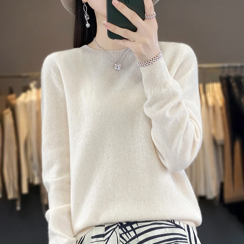 100% Pure Wool Cashmere Sweater Women\'s O-Neck Pullover Knitted Casual Sweater Winter New Long-Sleeved Warm High-Grade Jumper