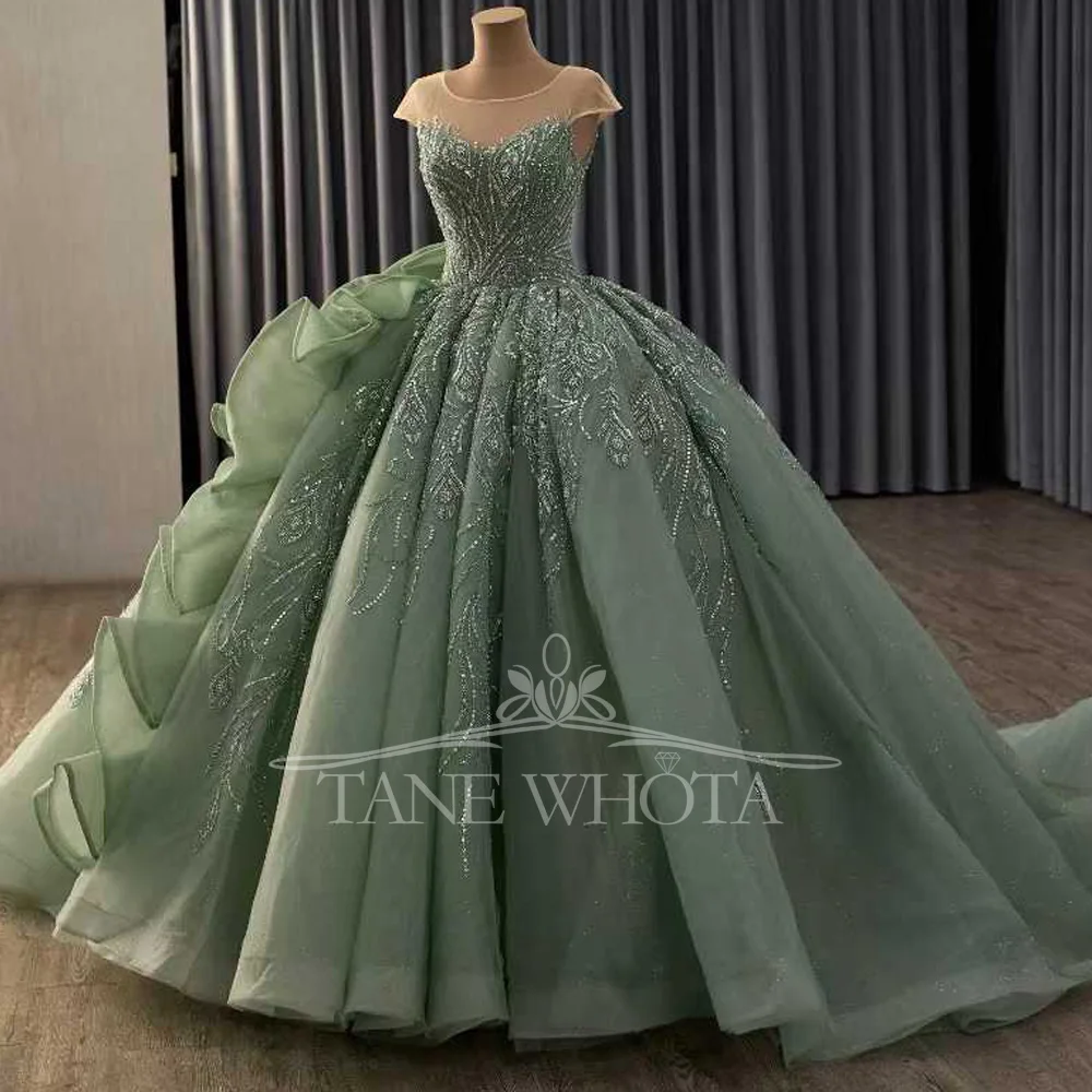

O-Neck Cap Sleeve Green Prom Gown Sequined Beaded Lace-Up Back Luxury Evening Dress With Buttons Customizable Embroidery