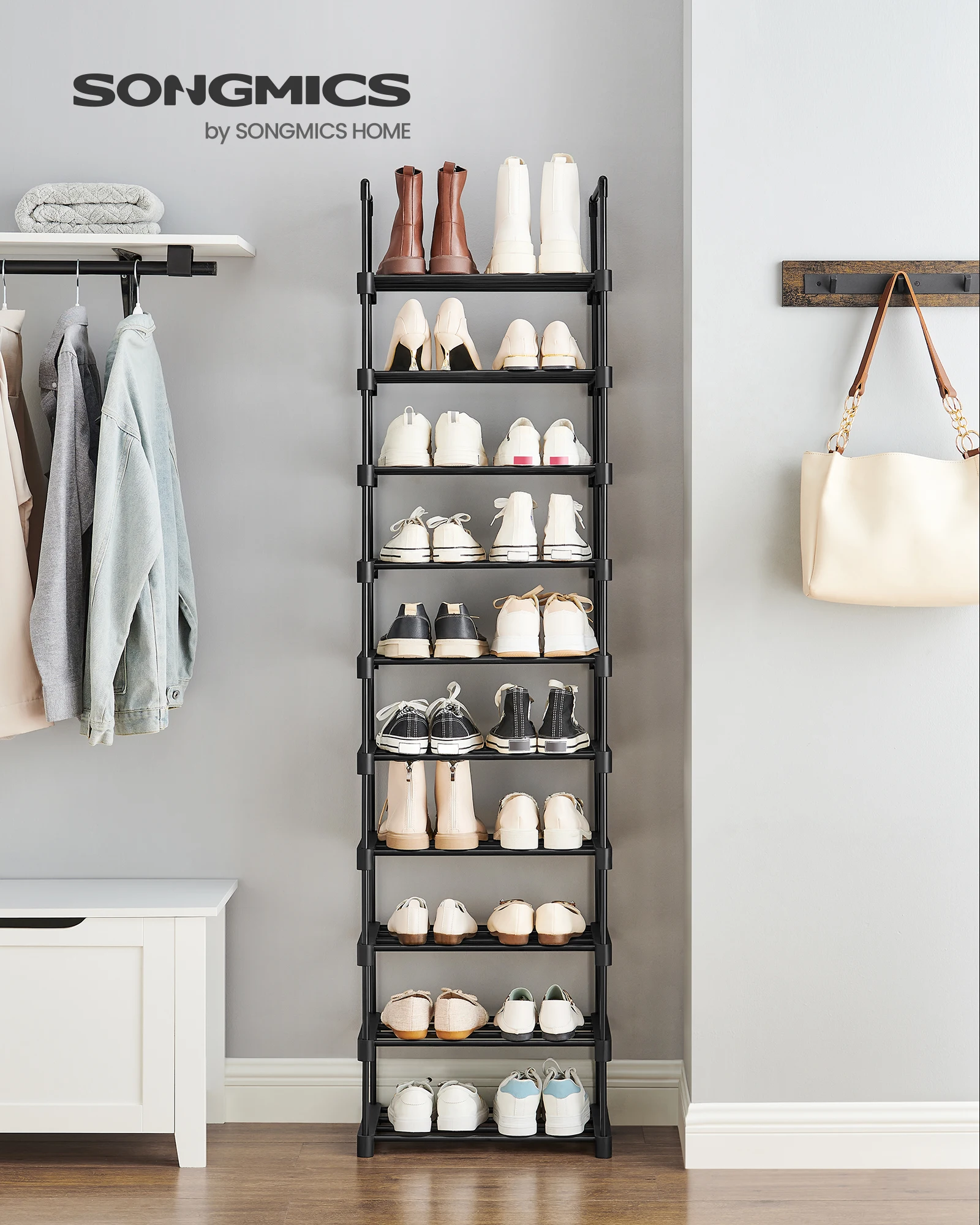 SONGMICS Shoe Rack, 10-Tier Metal Shoe Storage Organiser, Customisable Design, Metal Frame, Space-Saving Rack