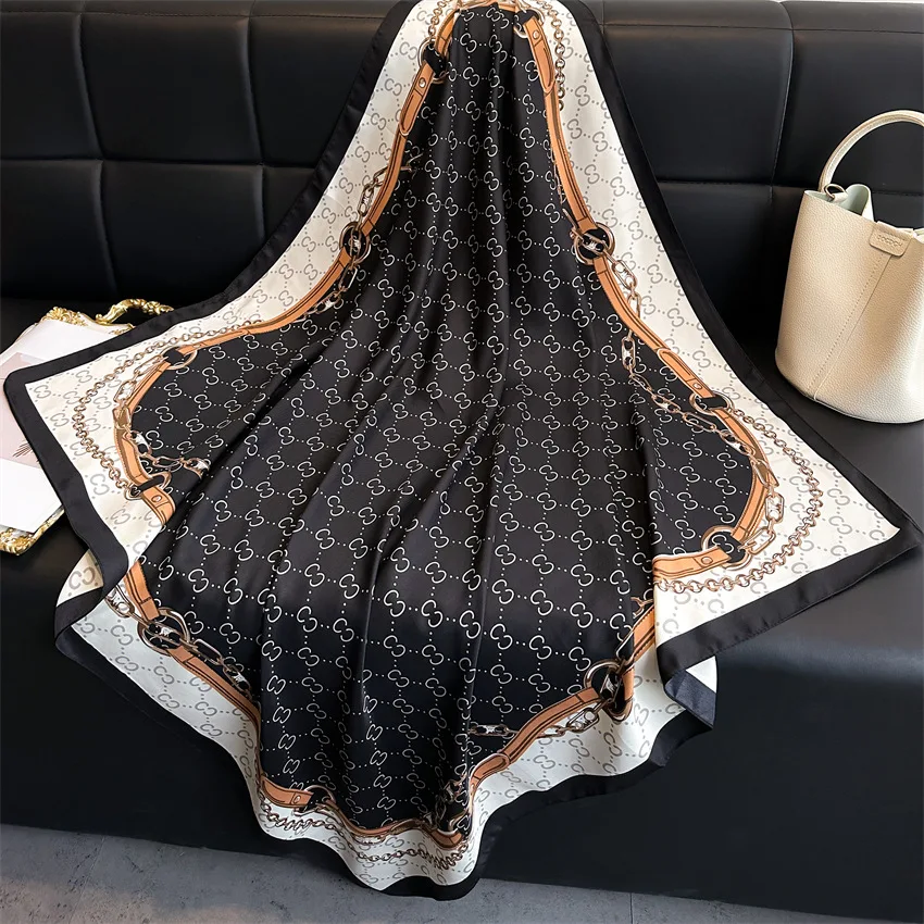 Design Luxury 90cm Twill Silk Women Scarf Sunscreen Foulard Shawl Hijab Female Hair Hijab Wraps Neckerchief Bandanda Echarpe