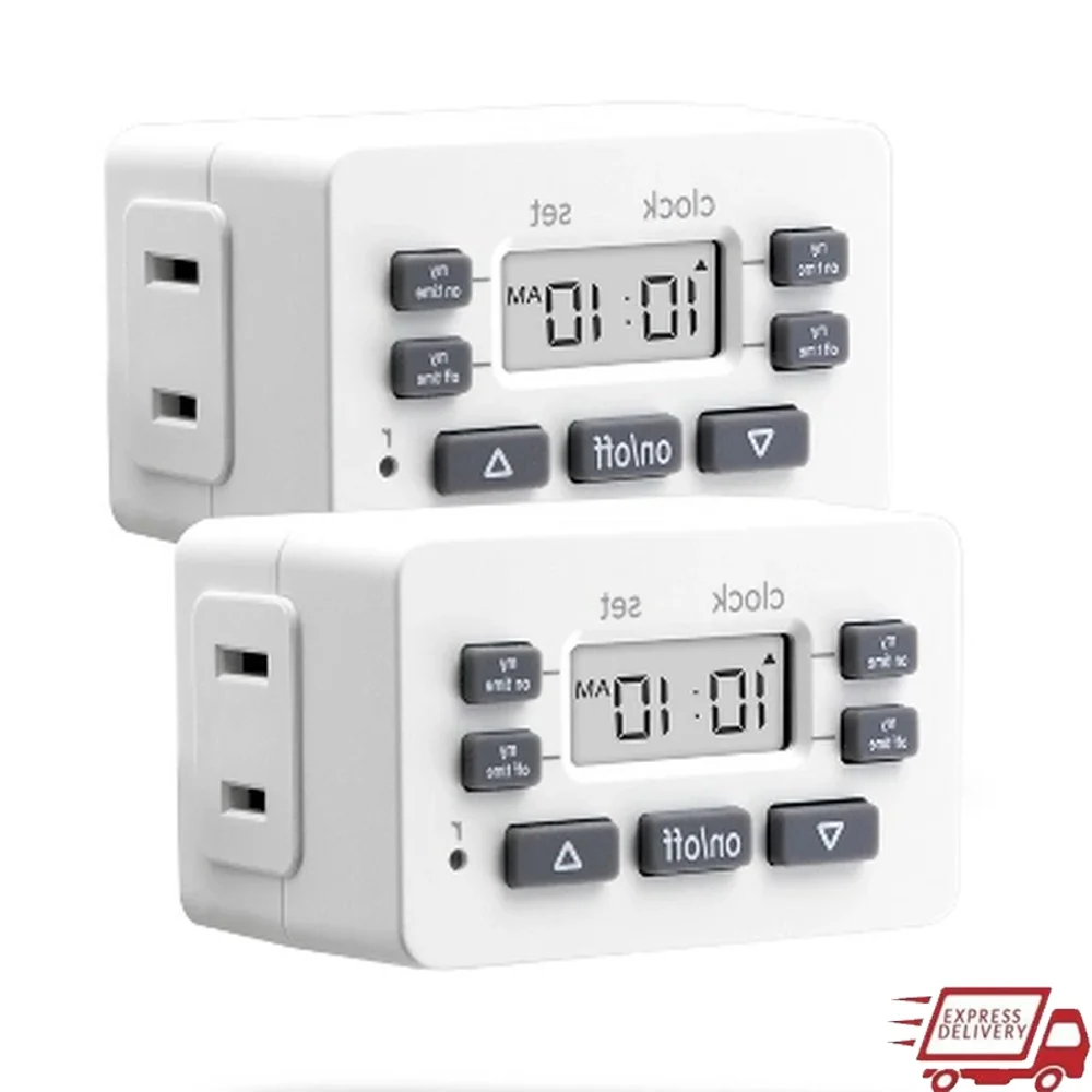 

Digital Indoor Plug Timer 2-Pack Polarized Outlet Easy Set Schedule Override Switch Compact Design Lamps Appliances Lighting
