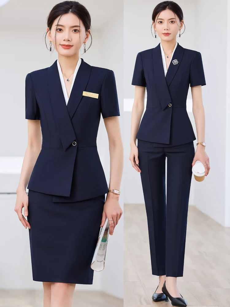 

Летний тонкий костюм с коротким рукавом для женщин: профессиональная униформа для менеджеров отелей и сотрудников ювелирных магазинов, асимметричный дизайн, полиэстер...