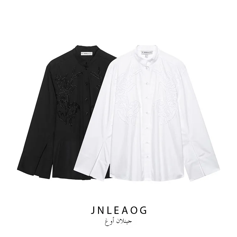 JNLEAOG Lente Nieuwe Dames Faion Design Geborduurd Katoen irt Casual Loose Fit Lang Sve Button up Pure Kleur Polyeste...
