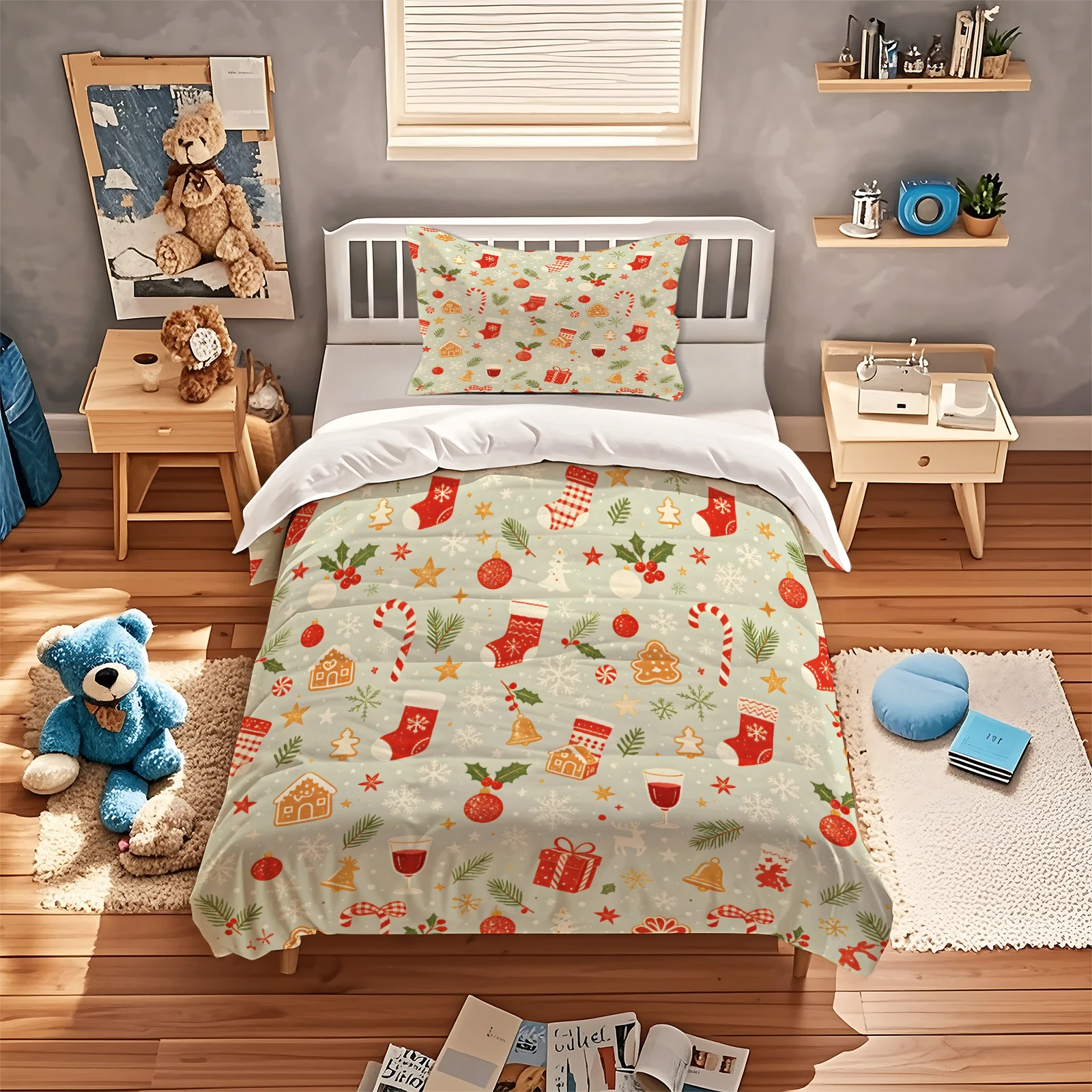 Christmas Duvet Cover Set Light Sage Green Xmas Stocking Gingerbread House Snowflake Print Bedding Set Holiday Quilt Cover Decor