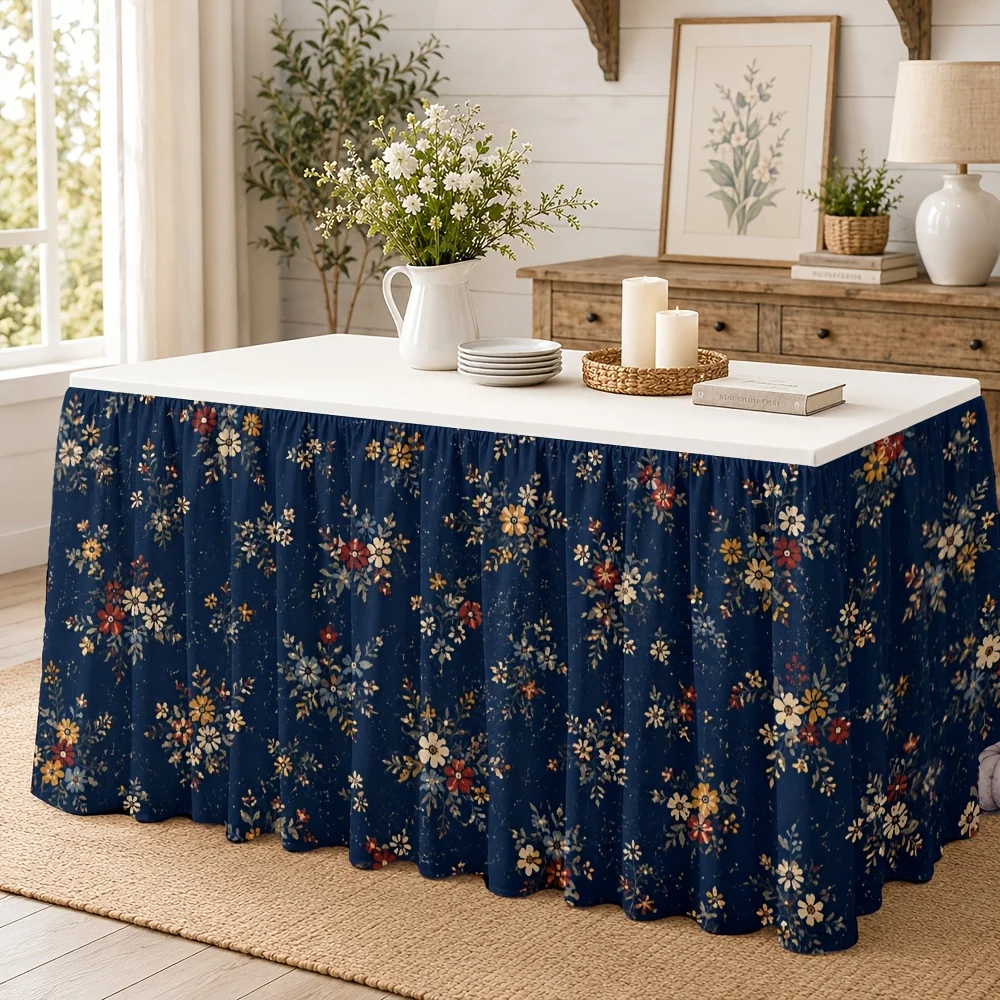 1 tablecloth table skirt, navy blue floral pattern, elegant restaurant wedding banquet office meeting event decoration