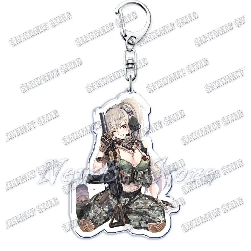 Cool Military Anime Girls Acrylic Keychains Ring for Accessories Bag Army Weapon Gun Women Pendant Keyring Jewelry Fans Gifts