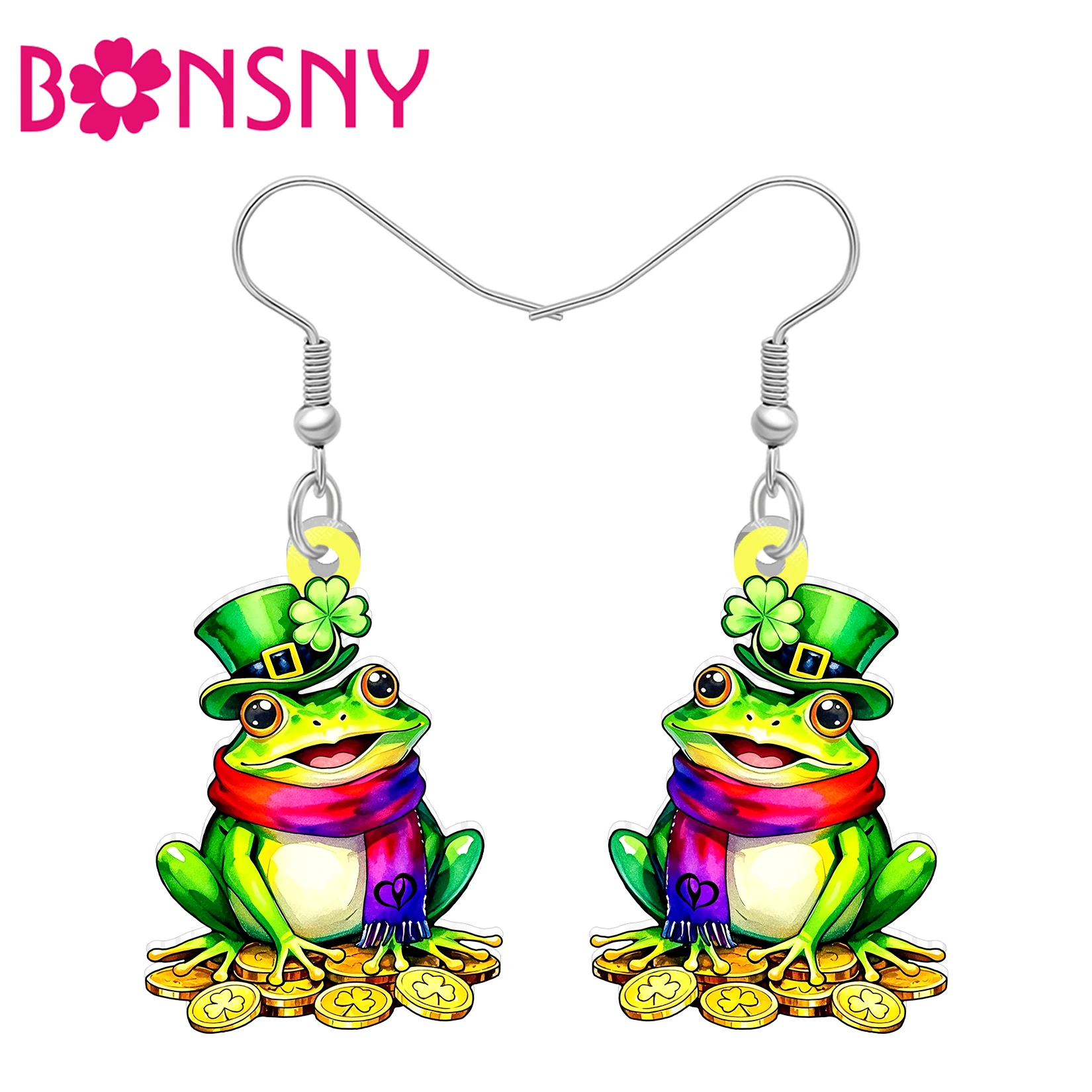 BONSNY Acrylic St Patricks Day Green Frog Earrings Lucky Shamrock Fun Toad Animals Irish Jewelry Good Luck Gifts For Women Mom