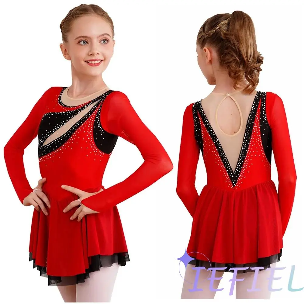 Vestido de baile de Ballet lírico para niños, leotardo de gimnasia rítmica, tutú, Ropa de baile, empalme de malla, disfraz de patinaje de lujo,