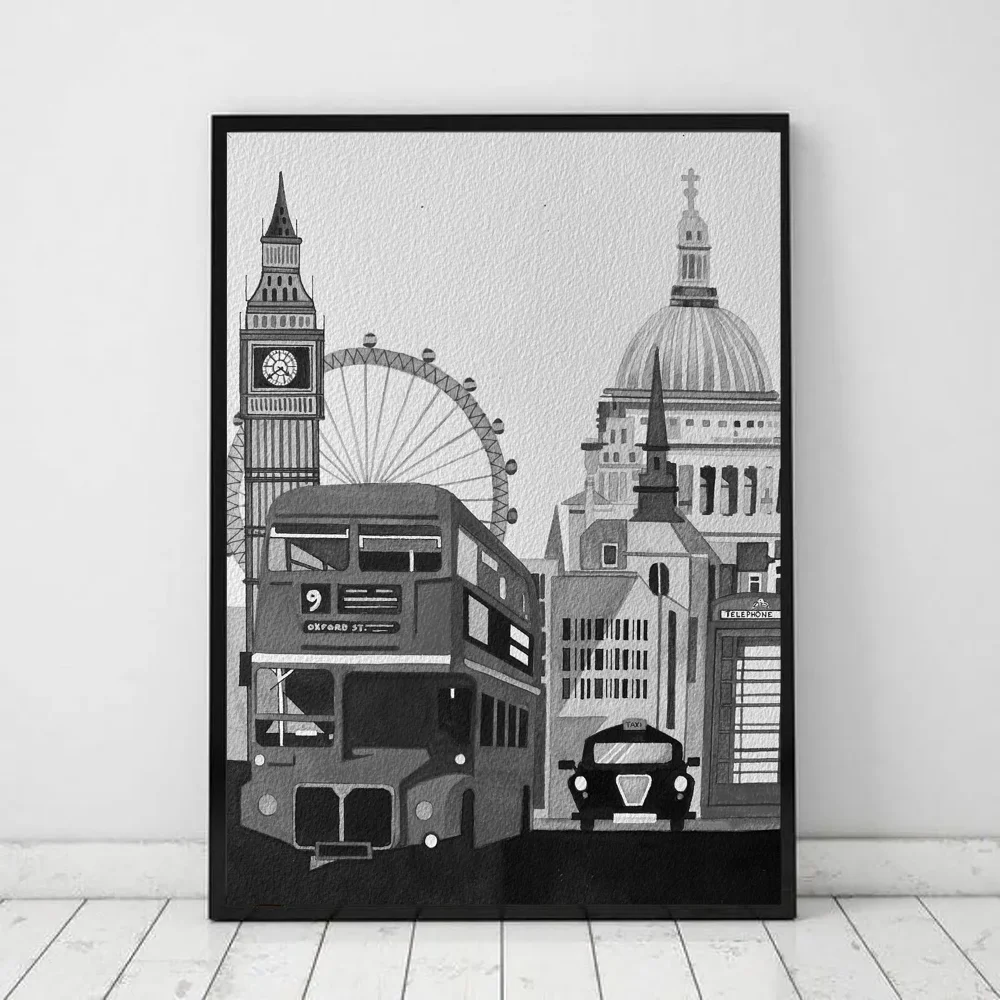 Black White Retro Paris London Anime Posters Sticky HD Quality Wall Art Retro Posters for Home Kawaii Room Decor