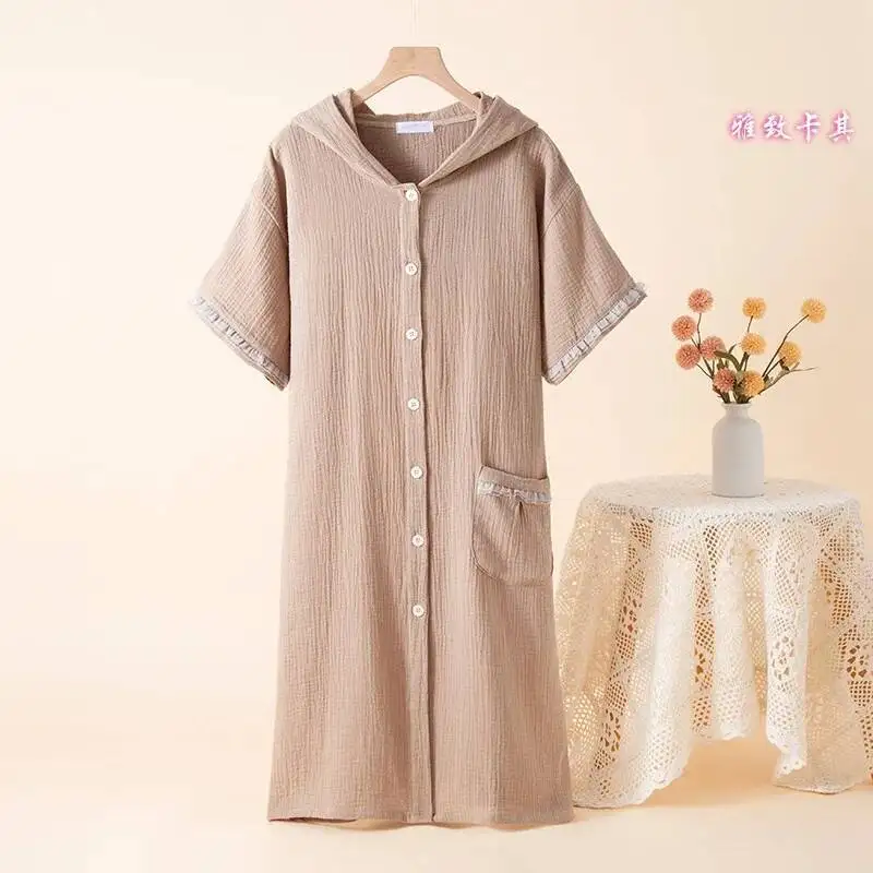 سترة صوفية بغطاء للرأس من القطن للأزواج الصيفية، رداء حمام منزلي بأكمام قصيرة، مقاس كبير، ثوب نوم للنساء