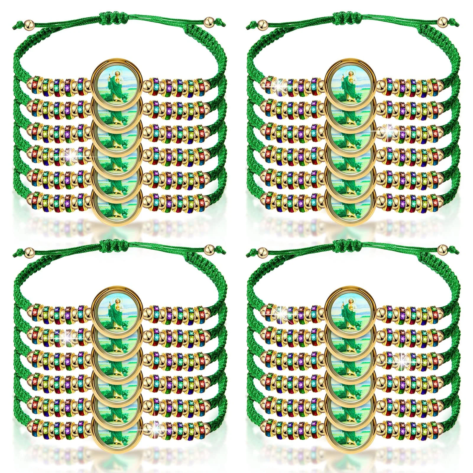 24 Pieces Mexican Bracelets Saint Jude Bracelet Catholic Green Handmade String Bracelets San Judas Tadeo Rosary Bracelet Gift fo