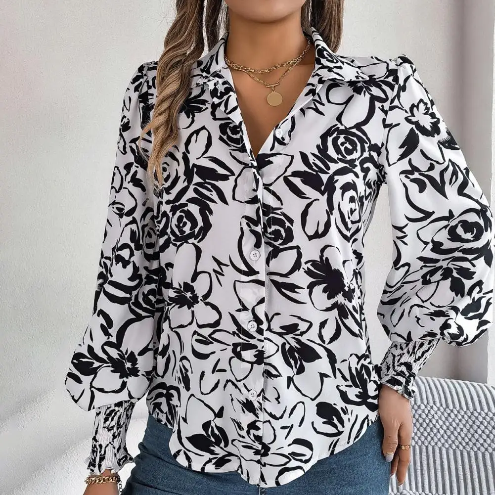 Camisa de manga lanterna feminina com padrão floral, camisa feminina, fechamento single breasted, streetwear versátil para senhoras