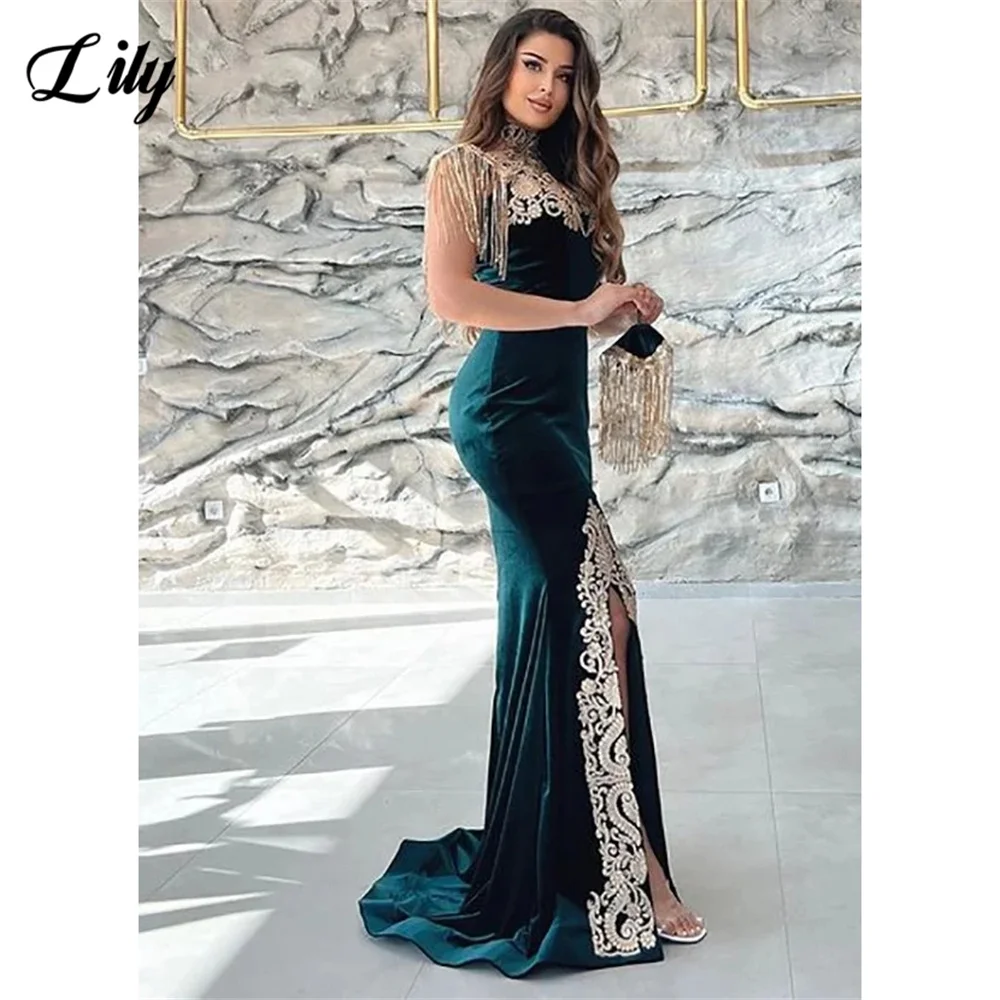 Lily Green Sexy Sweetheart Prom Vestidos para mulher, Vestido de noite elegante Tassel Applique, Vestidos Marrocos, Vestido Formal de Fenda Lateral