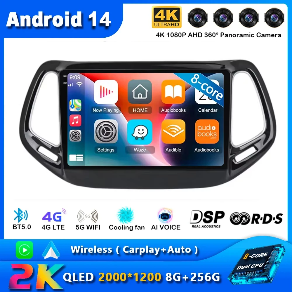 Android 14 Car Radio For Jeep Compass 2 MP 2016 2017 2018 Navigation GPS Multimedia Player Stereo WiFi+4G Carplay video DSP