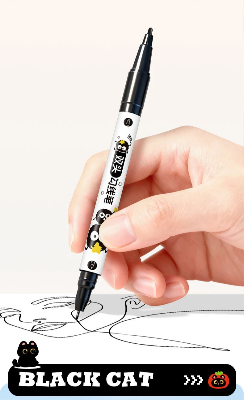 5 Stück Doppelspitzen-Zeichenstift mit feiner Linie, wasserfest, schwarzes Katzen-Design zum Skizzieren, Manga-Kunststudenten-Marker – Detail 8