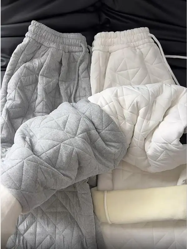 

Korean Style Soft Thickened Elastic Waist Diamond Pattern Warm Cotton Pants Women Winter New Loose Wide Leg Straight Leg Pants