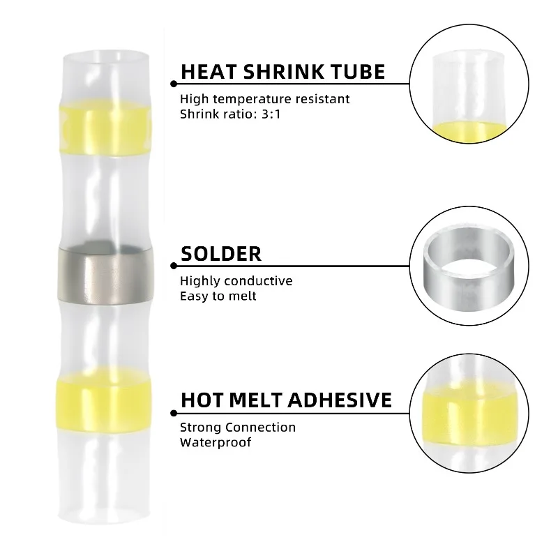 50-500Pcs Shrinkable Tubing Solder Connectors for Sq 0.25-10mm Electrical Cable Protect Butt Insulated Solder Sealing Terminals
