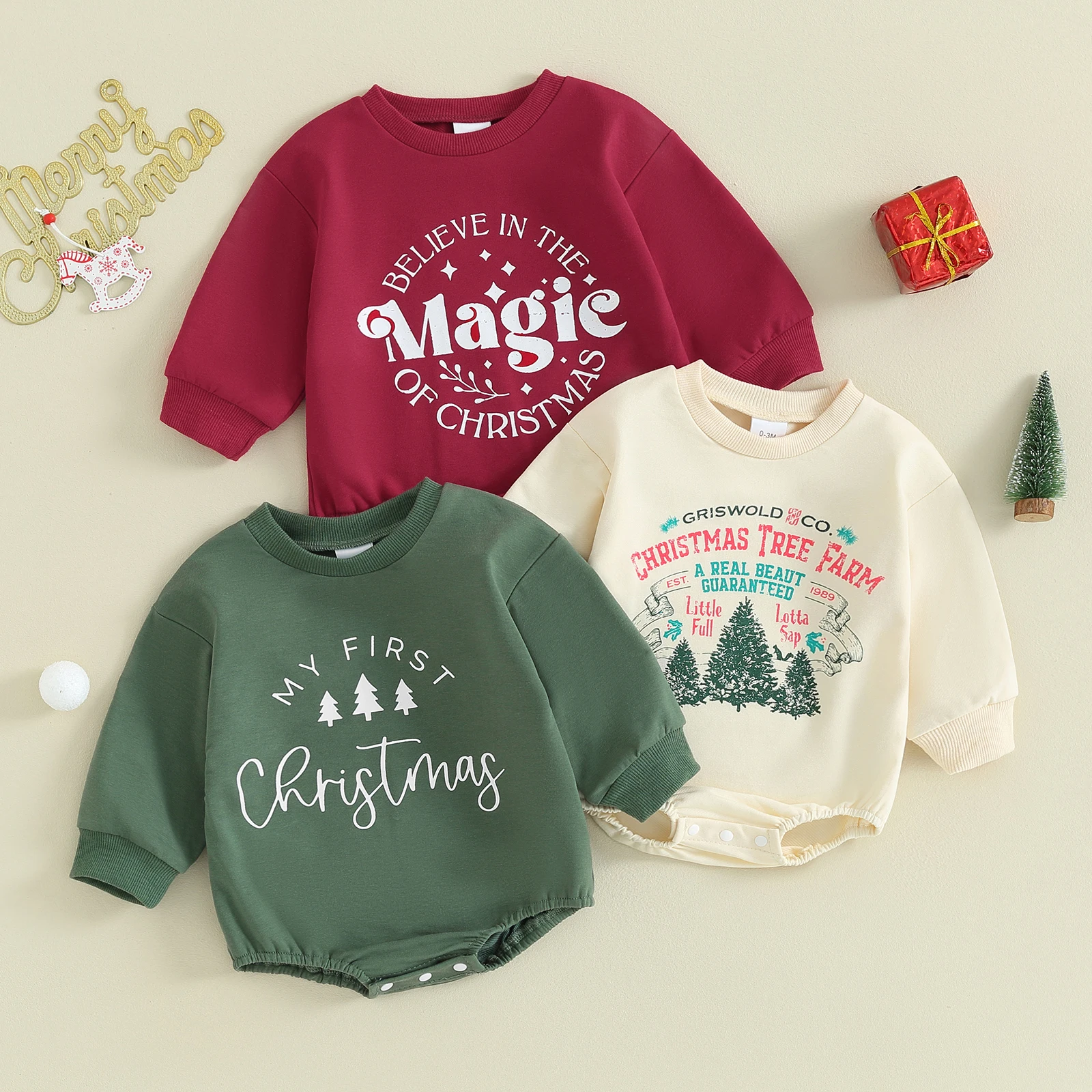 Baby Kids Christmas Romper Cute Tree/Star Letter Print Long Sleeve Sweatshirt Bodysuit Newborn Winter Cute Xmas Playsuit