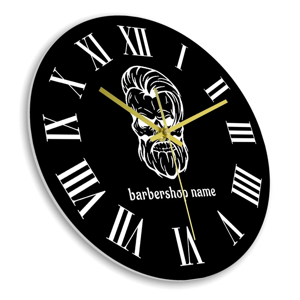 Customizable Barbershop Wall Clock for Barber Shop Hairstylists Bearded Skull Barber Personalized Name Roman Numeral Wall Clock