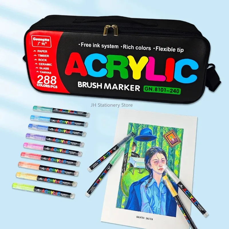 GUANGNA 168-360 Colors Acrylic Paint Soft Brush Markers Set Soft
