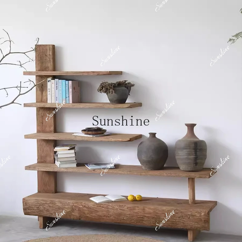 Wabi Sandy Wind Old Wood Weathered Bookshelf Against the Wall All Solid Wood Bogu Display Cabinet  FT