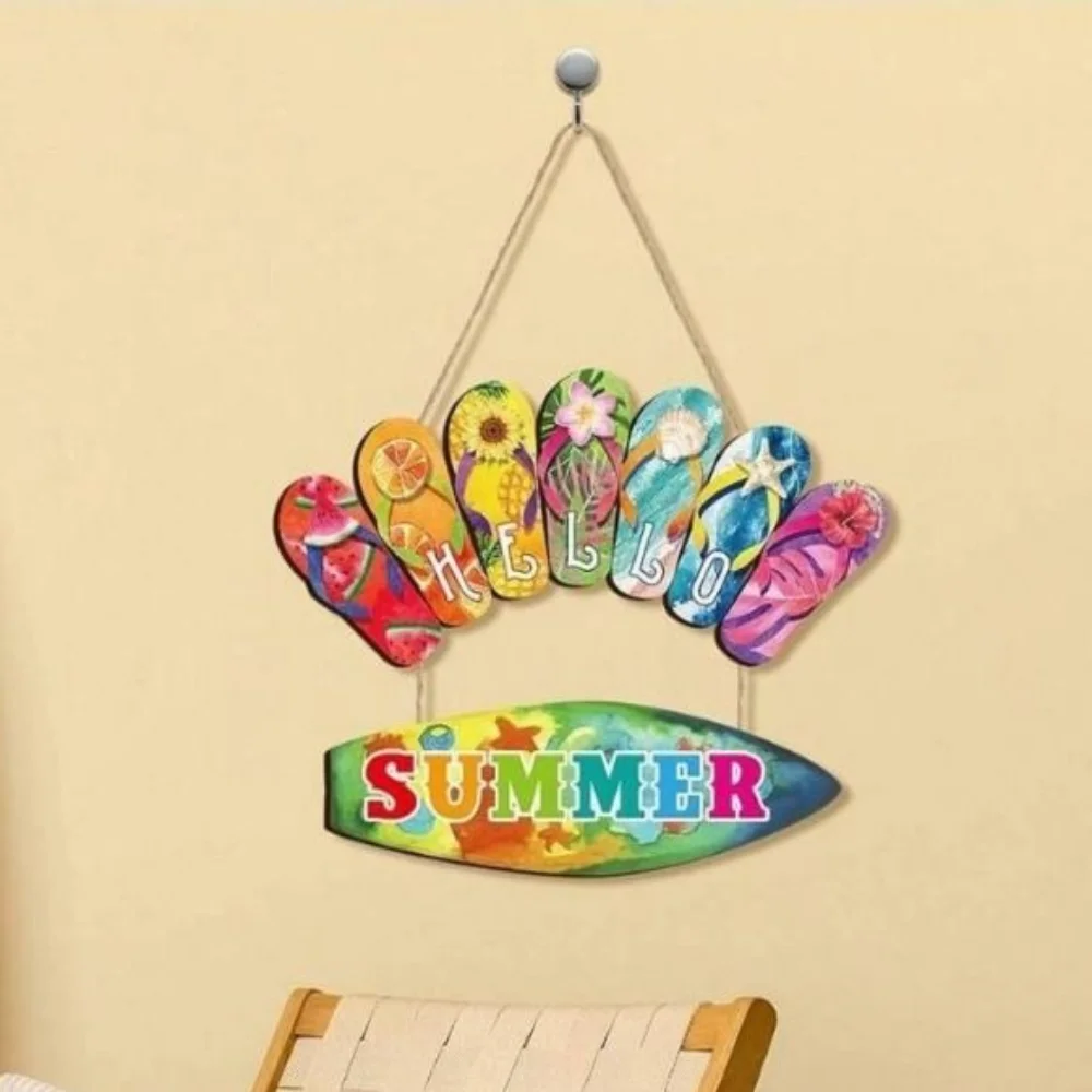 

Colorful Hello Summer Wall Ornaments Beach Wall Art Summer Slippers Hanging Signs Funny Wooden Slippers Decoration