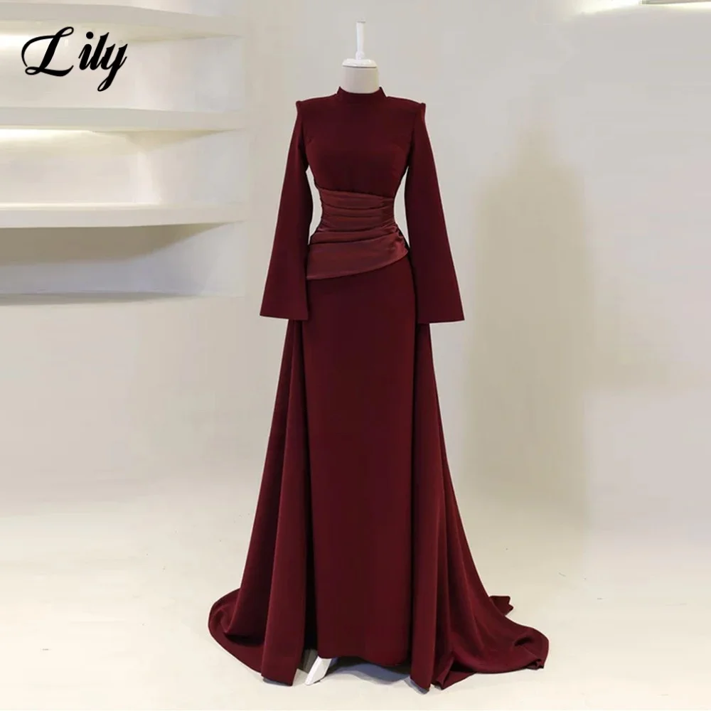 Lily Burgundy Elegant Prom Dresses คอยาวแขนยาว Mermaid ชุดราตรีซาตินมุสลิม Gowns อย่างเป็นทางการดูไบที่กําหนดเอง