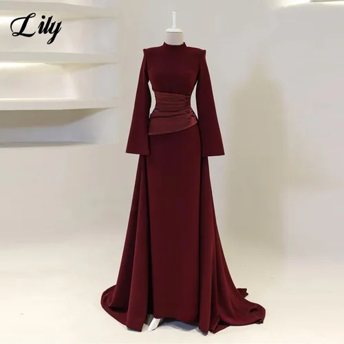 Lily Borgoña-vestidos de graduación elegantes, cuello alto, mangas largas, vestidos de noche de sirena, vestidos formales musulmanes de satén, personalizados de Dubái