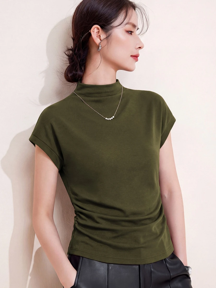 2026 Fall Women Stand Collar Wool Short Sleeve Tee Slim Fit Basic Elegant Layering Undershirt Tops Oversized T Shirt