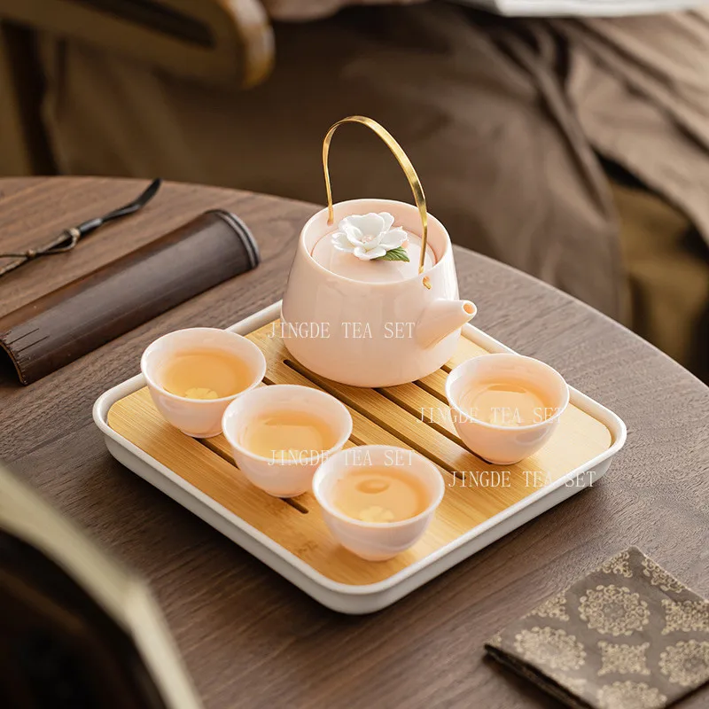 Pink Ceramic Tea Set, Flower Decor Teapot with Metal Handle, 4 Pcs Tea Cups + Bamboo Tray, Portable Chinese Gongfu Teaware