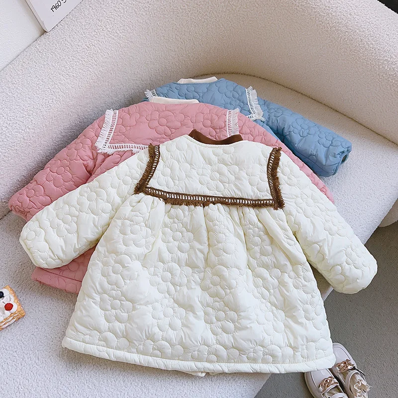 2024 Winter Children Girl Parkas Round Collar Knotbow Warm Infant Baby Girl Cotton Coat Solid Thicken 2-8Y Girls Outwear Jackets