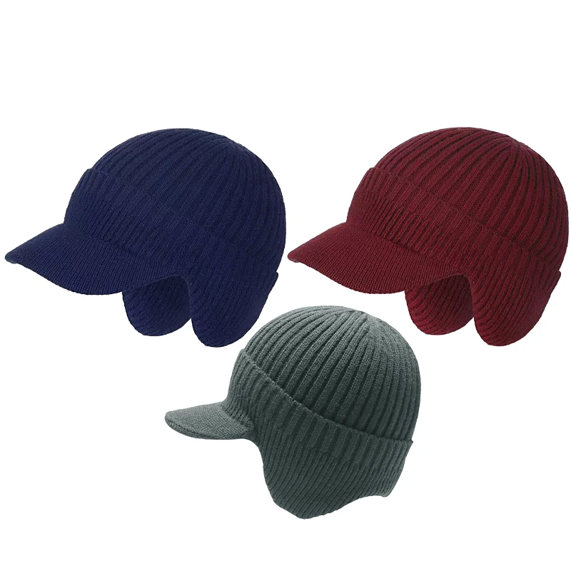 

New Men Women Winter Warm Knitted Beanie Ear Flap Fleece Lined Short Brim Skullies Cap Outdoor Ski Cycling Weather Earmuff Hat