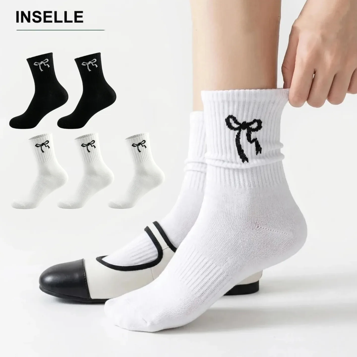 Affordable girl's style! Vertical bowtie mid tube socks with anti slip and anti drop features. Ins Korean style matching