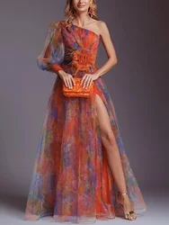One Shoulder Mesh Patchwork Maxi Dress, Women Spring Autumn Skew Collar Fashion Party Dress, 2024 Long Sleeve Print Ladies Dress