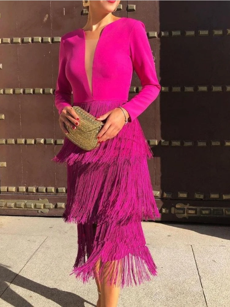 Fuchsia Tassel Dresses For Women Deep V Neck Long Sleeve High Waist Fringe Evening Birthday Wedding Guest Party Gowns Outfits