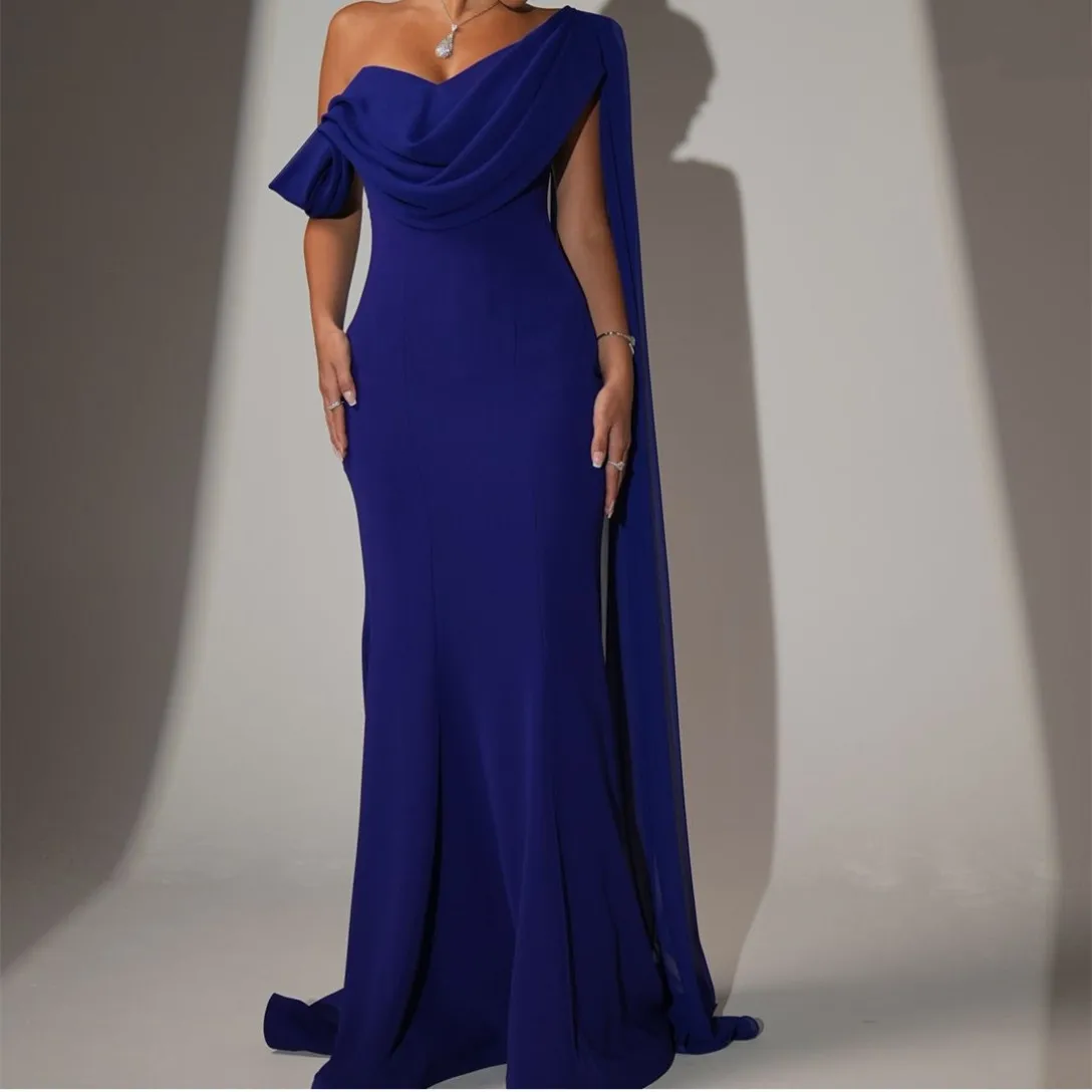 Customized Long Crepe Evening Dresses with Cape Mermaid Royal Blue Lace Up Back Watteau Train Prom Dresses for Women