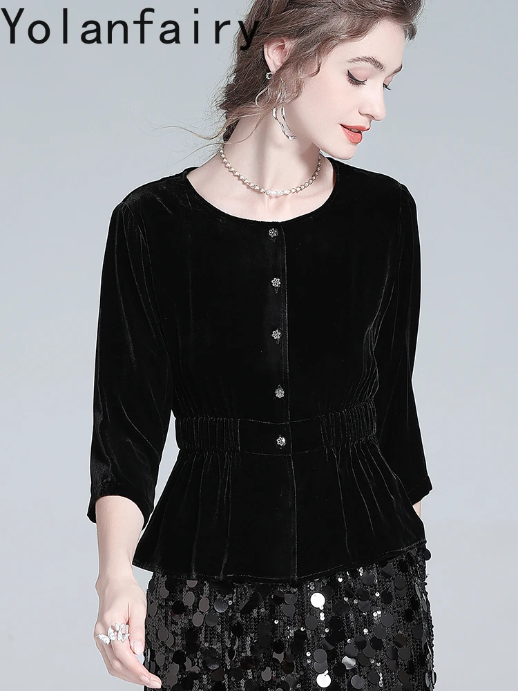 YOLANFAIRY véritable soie velours chemises femme vêtements 2025 début automne haut de gamme mince haut pour femme 100% mûrier soie chemise femme