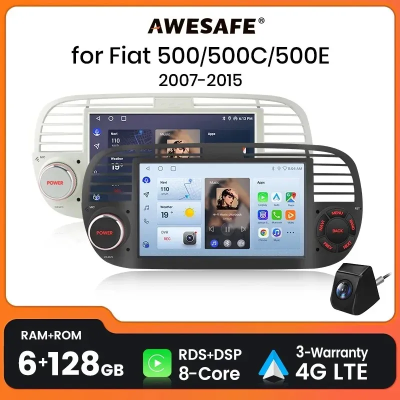 Autoradio sans fil AWESAFE CarPlay pour FIAT 500 500C Abarth 2007-2015 avec Android Auto, navigation GPS, système intelligent, RDS, DSP, FM