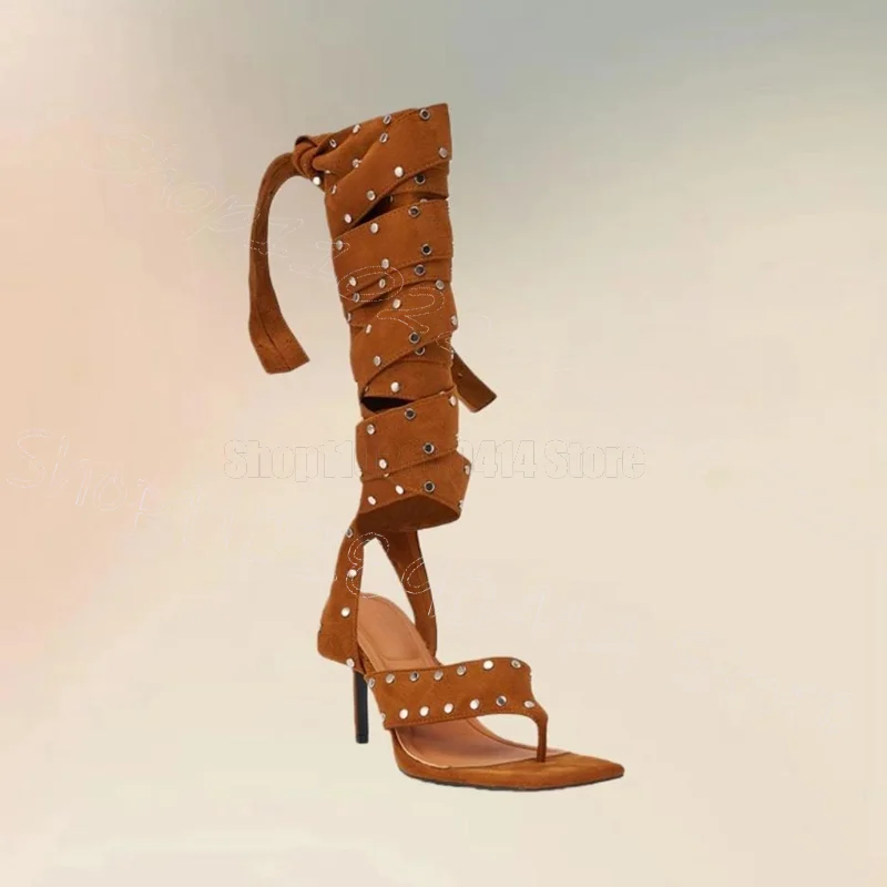 

Metal Rivets Brown Suede Flip Flop Sandals Boots Lace Up Women Shoes Thin High Heels Sexy Party Banquet 2026 Zapatos Para Mujere