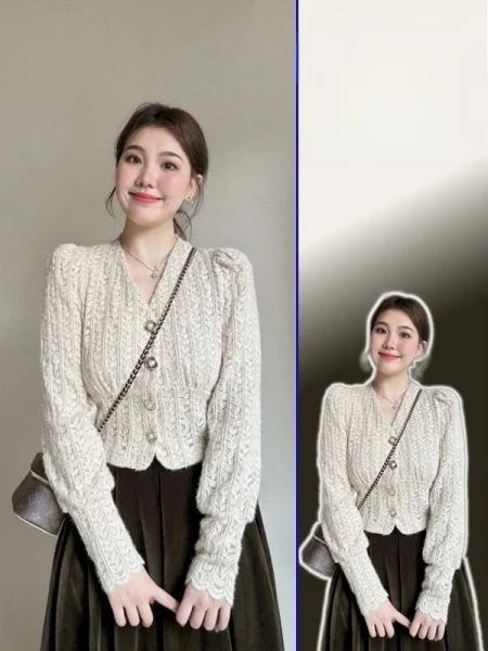 

plus Size Velvet Lace Trim ort Coat Vintage Artistic Sle V-Ne Hollow out Winter Outerwear with High Waist Skirt Set
