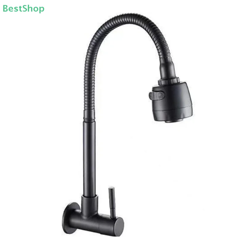 💕Stainless Steel Black Wall-Mounted Faucet,Sink Flexible Hose Cold Water Two Modes Tap